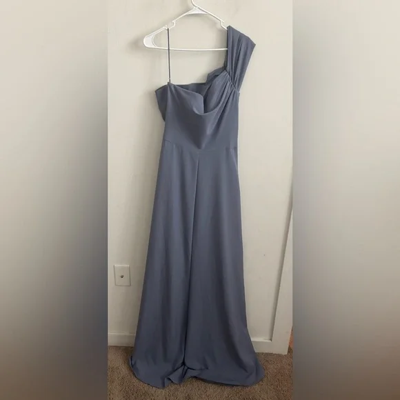 NWOT Amsale Bridesmaid Dress Blue Maxi Dorothy GB263P Draped one-shoulder 12 - Picture 4 of 10